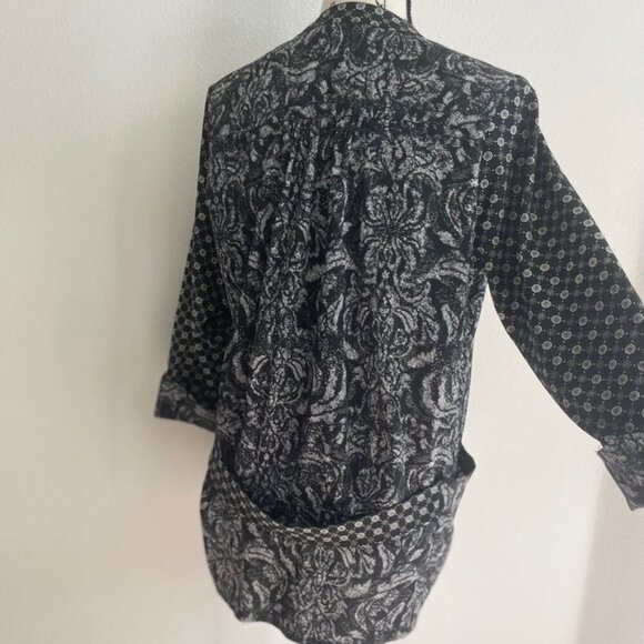 BOHO EMO BLACK & WHITE KIMONO BLOUSE 3/4 SLEEVE COLLARLESS SHAKET SZ 6 PREPPY - Picture 12 of 15